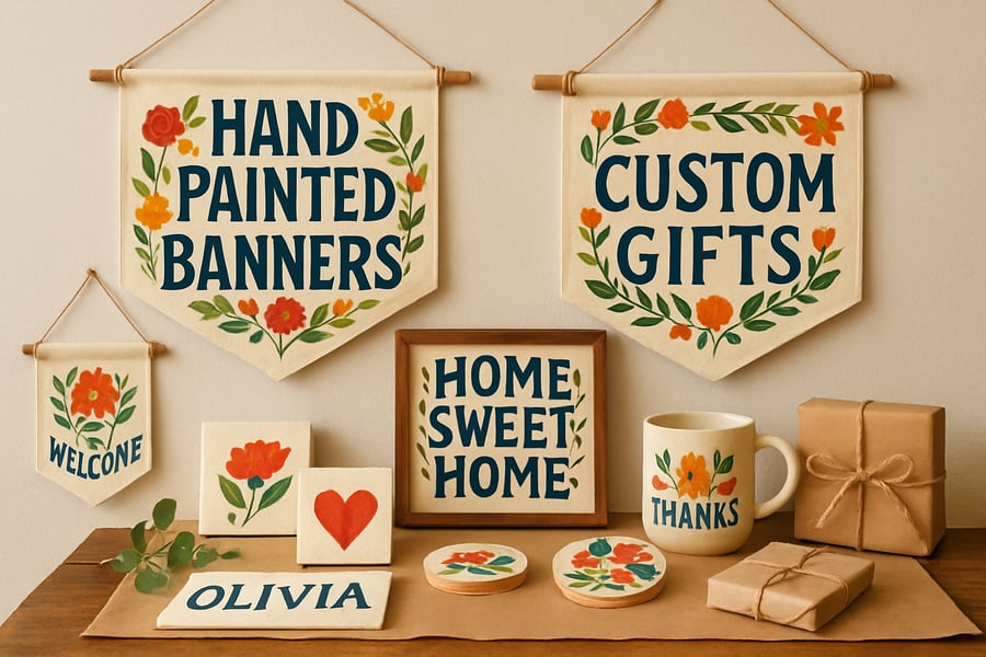 Hand painted banners and custom gifts displayed creatively