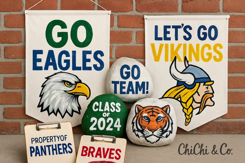 Hand painted custom banners, school spirit rocks, and clipboards by ChiChi & Co.